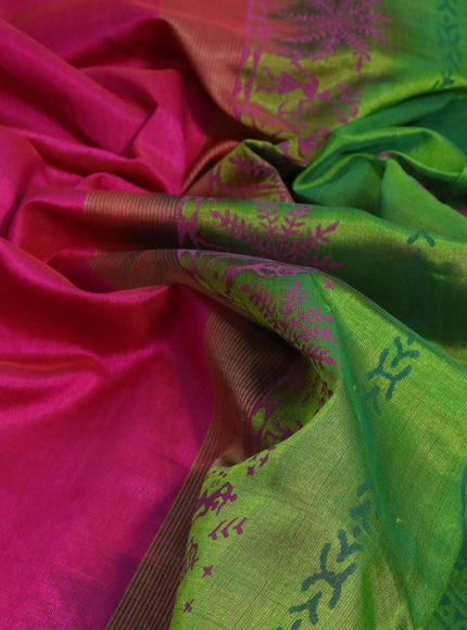 Silk cotton block printed saree magenta pink and light green with butta prints and zari woven printed border