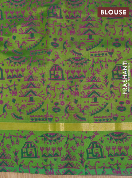 Silk cotton block printed saree magenta pink and light green with butta prints and zari woven printed border