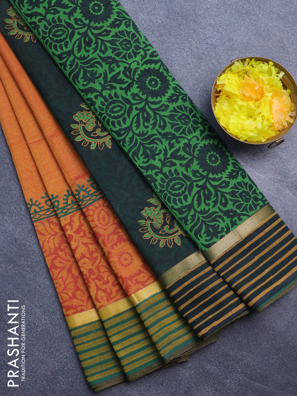 Silk cotton block printed saree dual shade of mustard and bottle green with prints and zari woven printed border