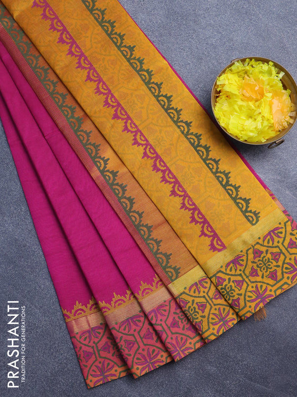 Silk cotton block printed saree magenta pink and mango yellow with butta prints and zari woven printed border