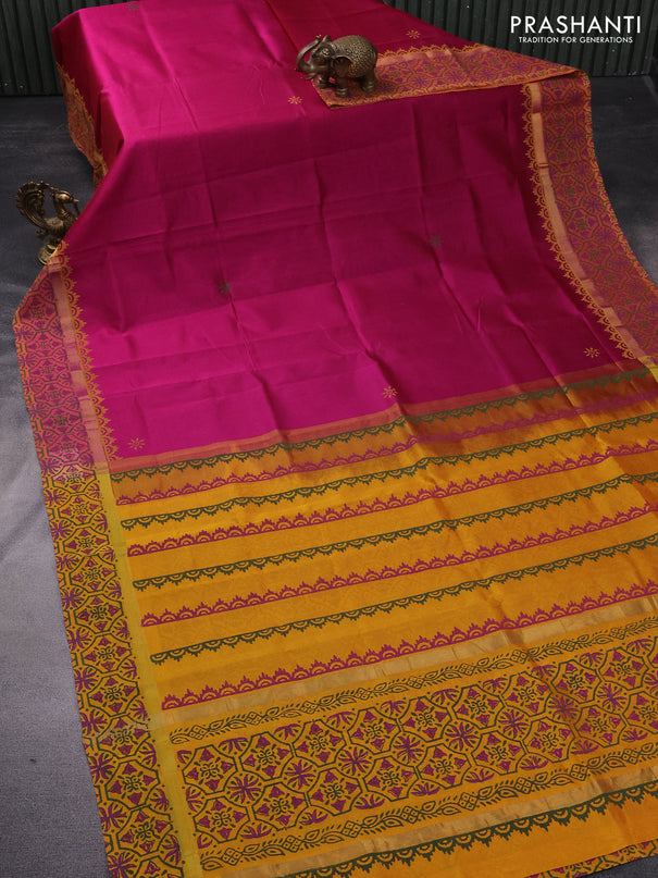 Silk cotton block printed saree magenta pink and mango yellow with butta prints and zari woven printed border