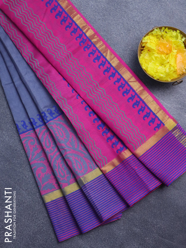 Silk cotton block printed saree grey and pink with prints and zari woven printed border