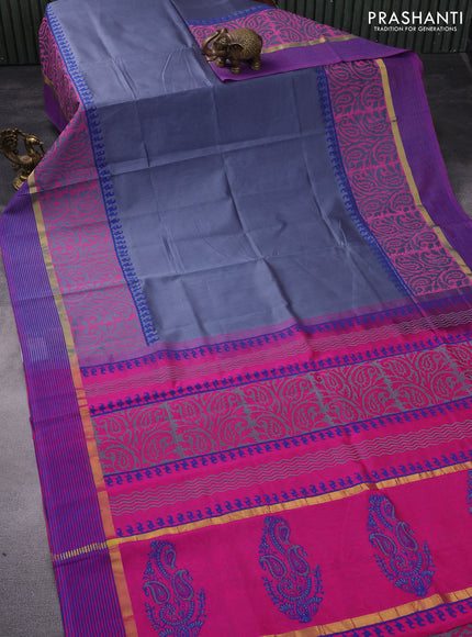 Silk cotton block printed saree grey and pink with prints and zari woven printed border