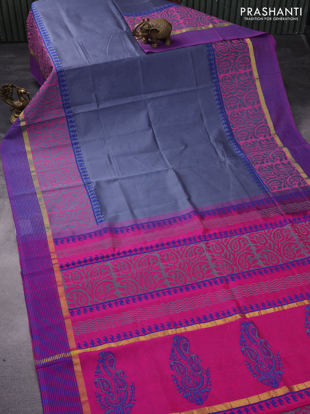 Silk cotton block printed saree grey and pink with prints and zari woven printed border