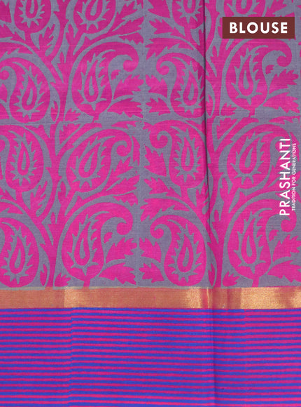 Silk cotton block printed saree grey and pink with prints and zari woven printed border