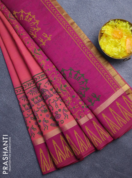 Silk cotton block printed saree dual shade of pink and magenta pink with warli prints and zari woven printed border