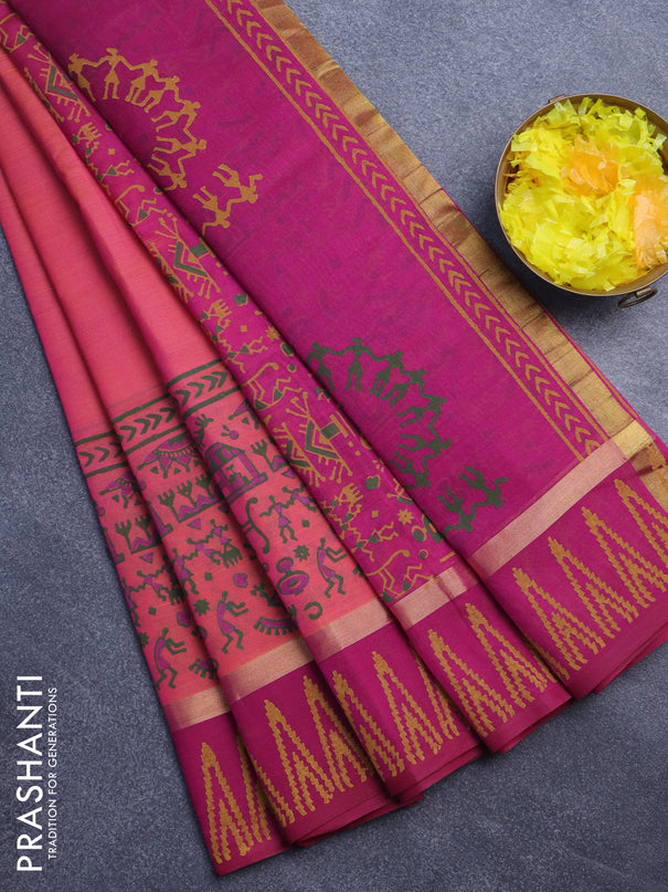 Silk cotton block printed saree dual shade of pink and magenta pink with warli prints and zari woven printed border