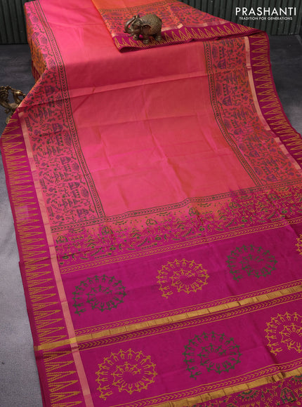 Silk cotton block printed saree dual shade of pink and magenta pink with warli prints and zari woven printed border