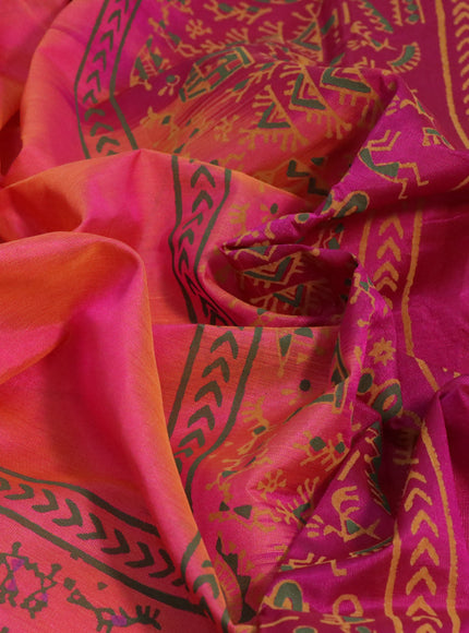 Silk cotton block printed saree dual shade of pink and magenta pink with warli prints and zari woven printed border