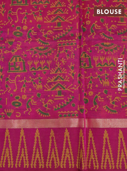 Silk cotton block printed saree dual shade of pink and magenta pink with warli prints and zari woven printed border