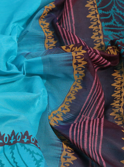 Silk cotton block printed saree teal blue and coffee brown with prints and zari woven printed border