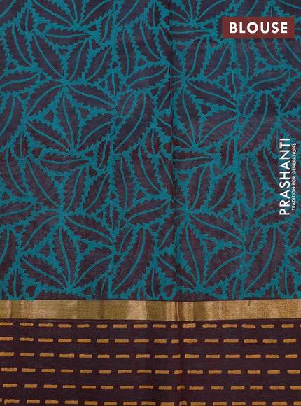 Silk cotton block printed saree teal blue and coffee brown with prints and zari woven printed border