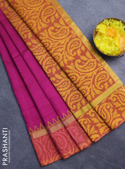 Silk cotton block printed saree magenta pink and mango yellow with butta prints and zari woven printed border