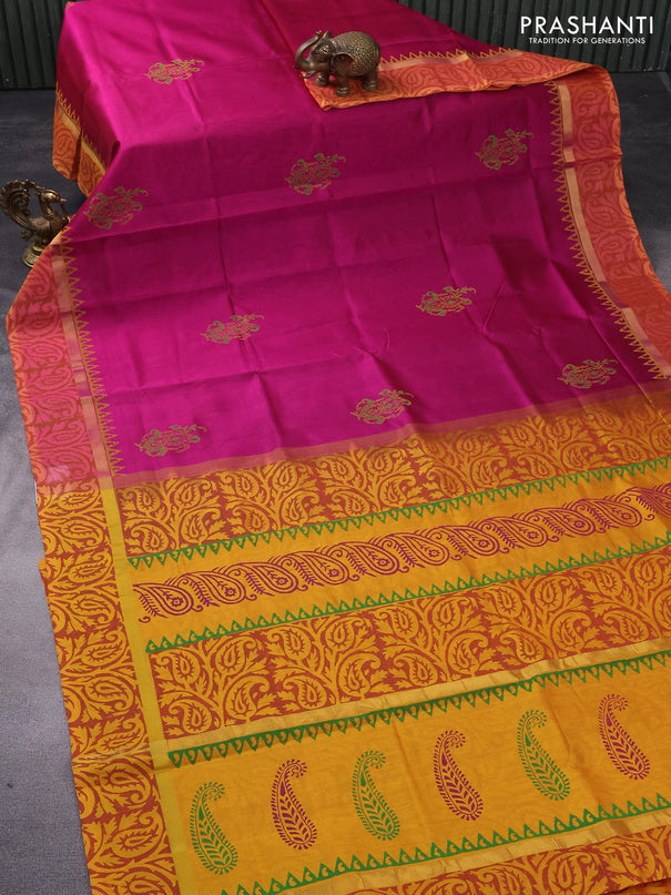 Silk cotton block printed saree magenta pink and mango yellow with butta prints and zari woven printed border