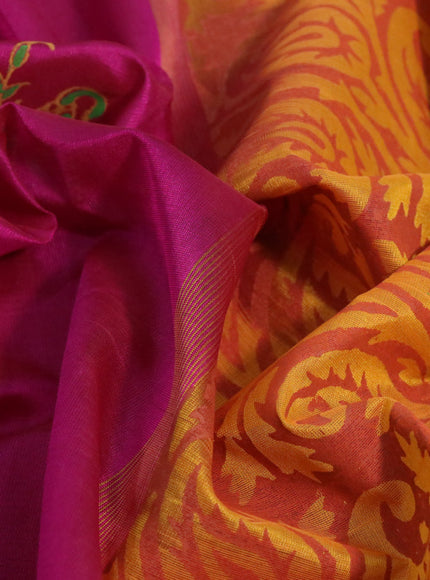 Silk cotton block printed saree magenta pink and mango yellow with butta prints and zari woven printed border