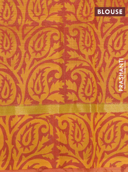 Silk cotton block printed saree magenta pink and mango yellow with butta prints and zari woven printed border