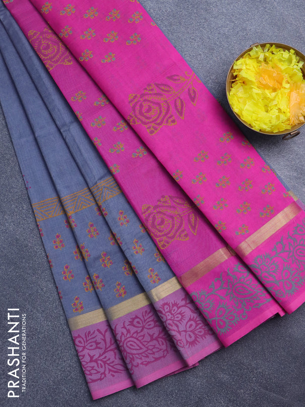 Silk cotton block printed saree grey and pink with prints and zari woven printed border