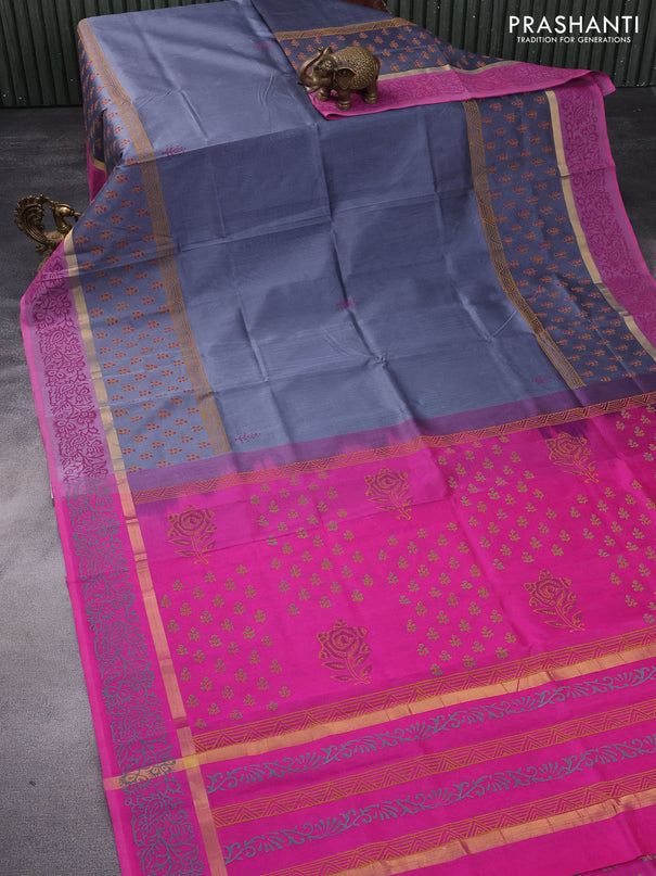 Silk cotton block printed saree grey and pink with prints and zari woven printed border