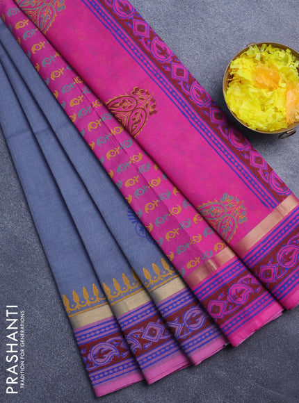 Silk cotton block printed saree grey and pink with butta prints and zari woven printed border