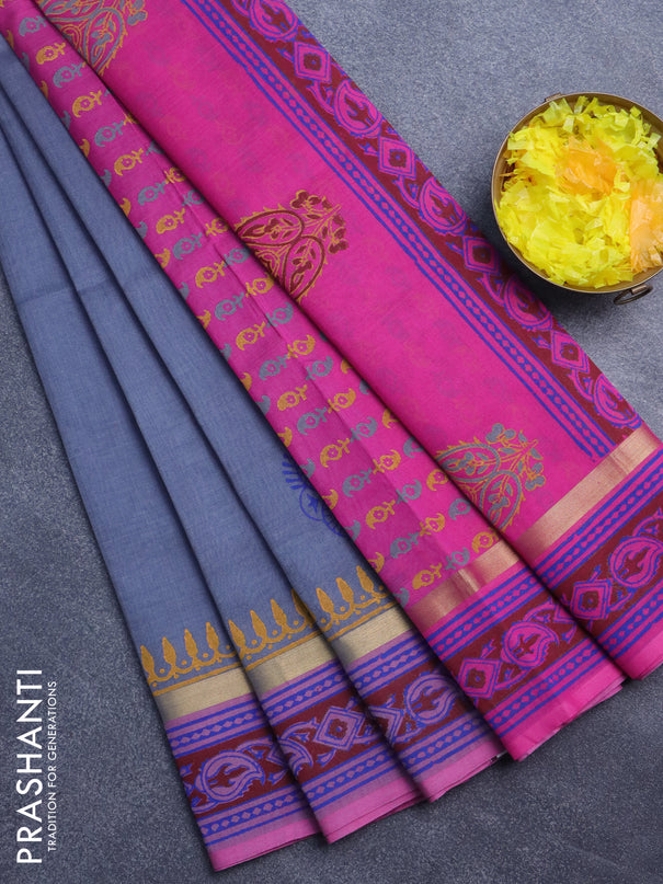 Silk cotton block printed saree grey and pink with butta prints and zari woven printed border