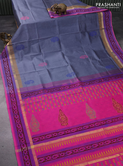 Silk cotton block printed saree grey and pink with butta prints and zari woven printed border