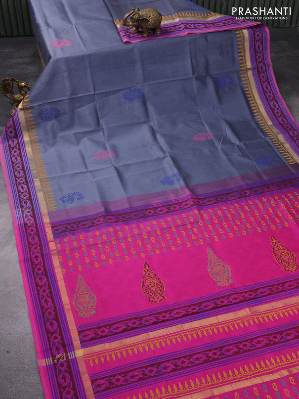 Silk cotton block printed saree grey and pink with butta prints and zari woven printed border