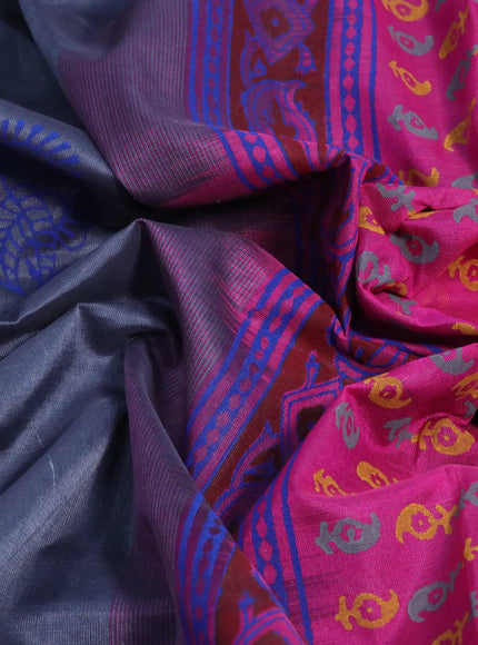 Silk cotton block printed saree grey and pink with butta prints and zari woven printed border