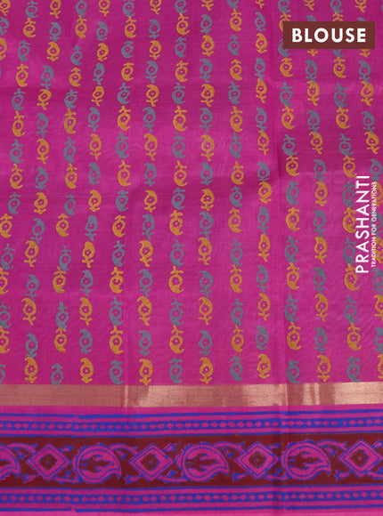 Silk cotton block printed saree grey and pink with butta prints and zari woven printed border