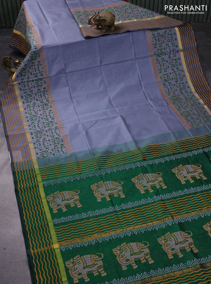 Silk cotton block printed saree grey and green with patola prints and zari woven printed border