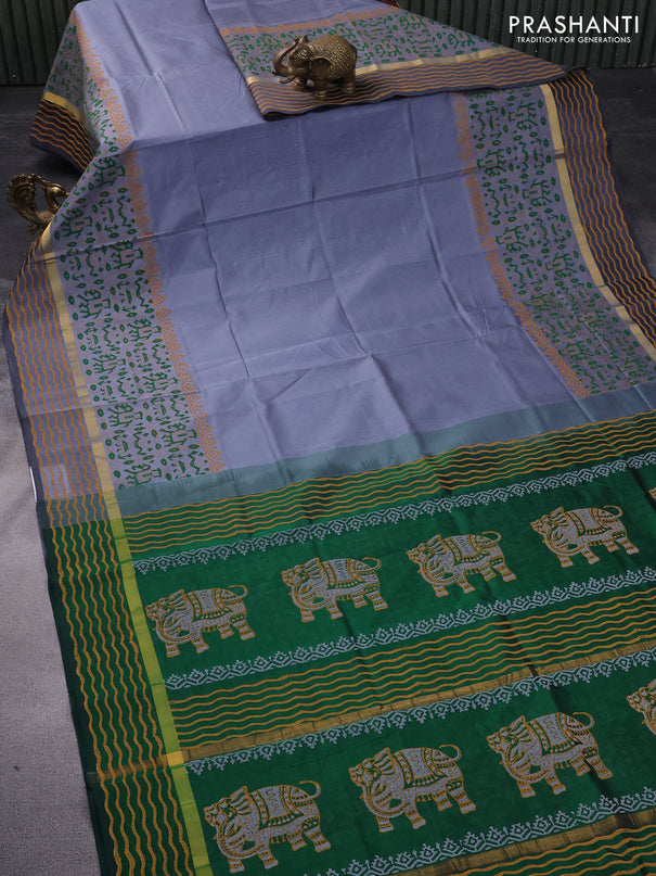 Silk cotton block printed saree grey and green with patola prints and zari woven printed border