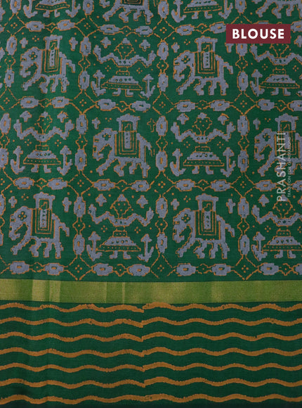 Silk cotton block printed saree grey and green with patola prints and zari woven printed border