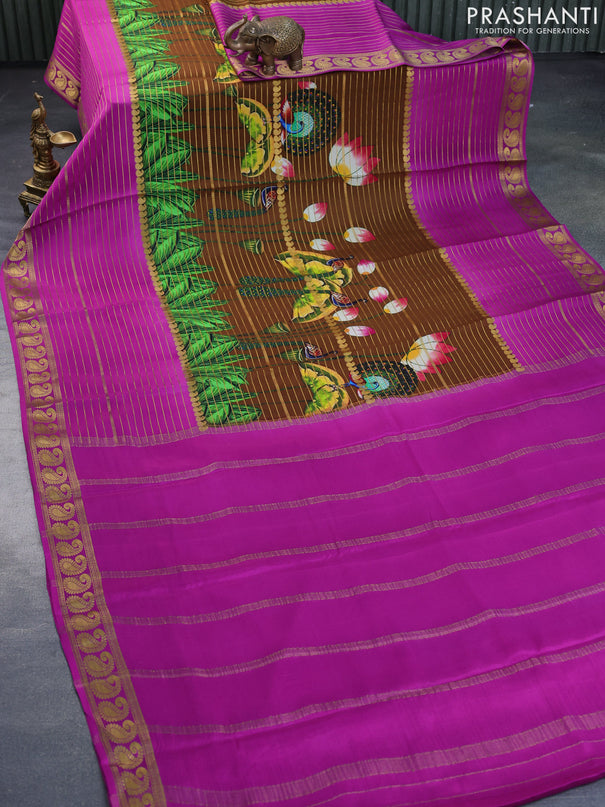 Pure mysore silk saree dark mustard and purple with allover zari weaves & digital prints and long paisley zari woven border