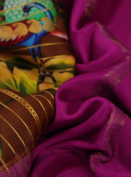 Pure mysore silk saree dark mustard and purple with allover zari weaves & digital prints and long paisley zari woven border