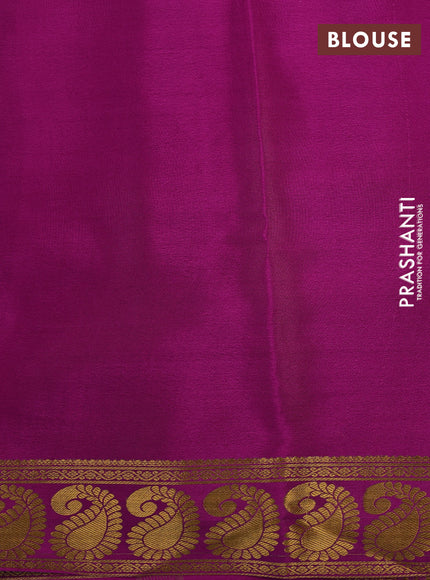 Pure mysore silk saree dark mustard and purple with allover zari weaves & digital prints and long paisley zari woven border