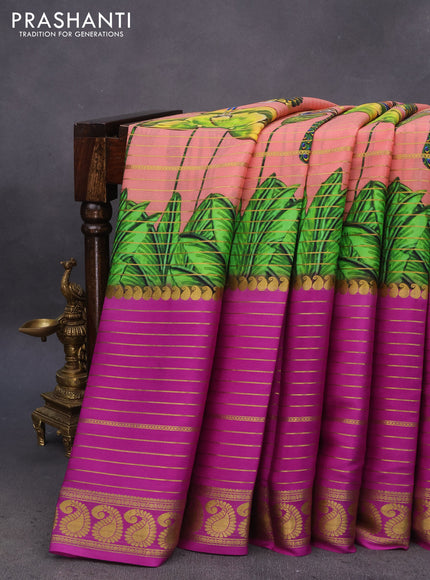 Pure mysore silk saree peach shade and purplr with allover zari weaves & digital prints and long paisley zari woven border