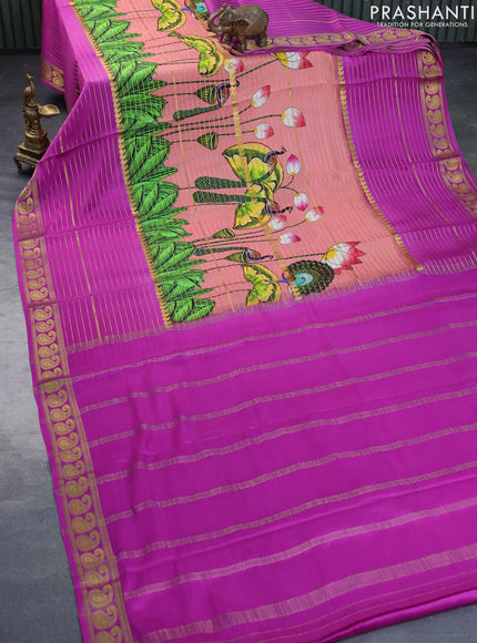 Pure mysore silk saree peach shade and purplr with allover zari weaves & digital prints and long paisley zari woven border