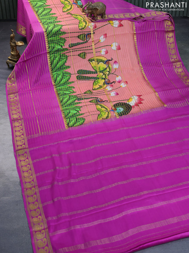 Pure mysore silk saree peach shade and purplr with allover zari weaves & digital prints and long paisley zari woven border