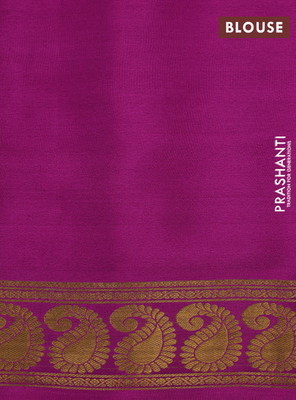 Pure mysore silk saree peach shade and purplr with allover zari weaves & digital prints and long paisley zari woven border