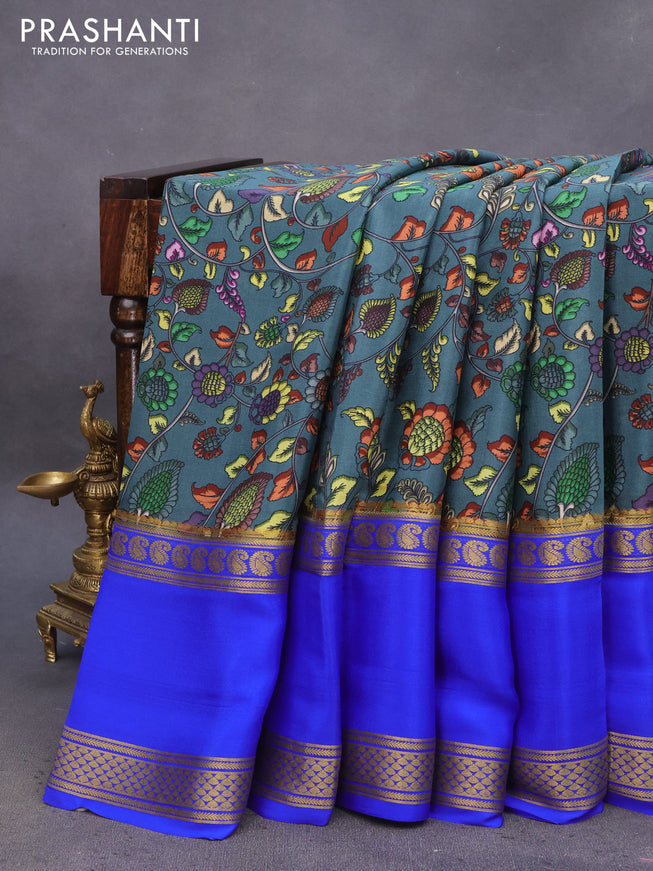 Pure mysore silk saree peacock green shade and royal blue with allover digital kalamkari prints and long rettapet zari woven border