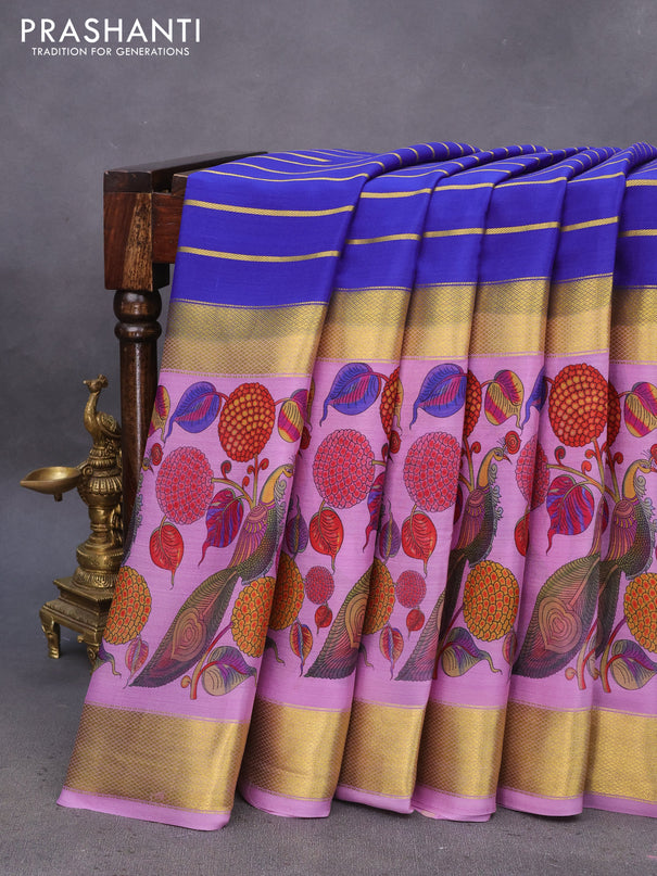 Pure mysore silk saree blue and lavender shade with allover zari strips pattern and long rettapet zari kalamkari woven border