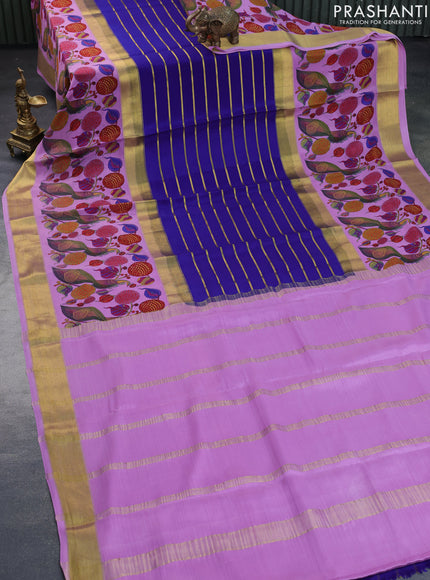 Pure mysore silk saree blue and lavender shade with allover zari strips pattern and long rettapet zari kalamkari woven border