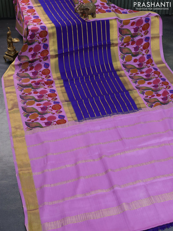 Pure mysore silk saree blue and lavender shade with allover zari strips pattern and long rettapet zari kalamkari woven border