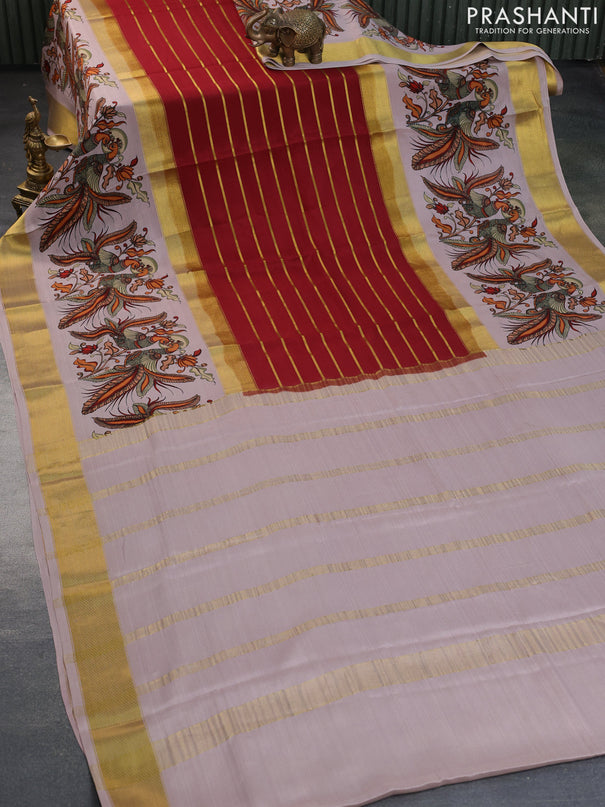 Pure mysore silk saree maroon and pastel brown shade with allover zari strips pattern and long rettapet zari kalamkari woven border