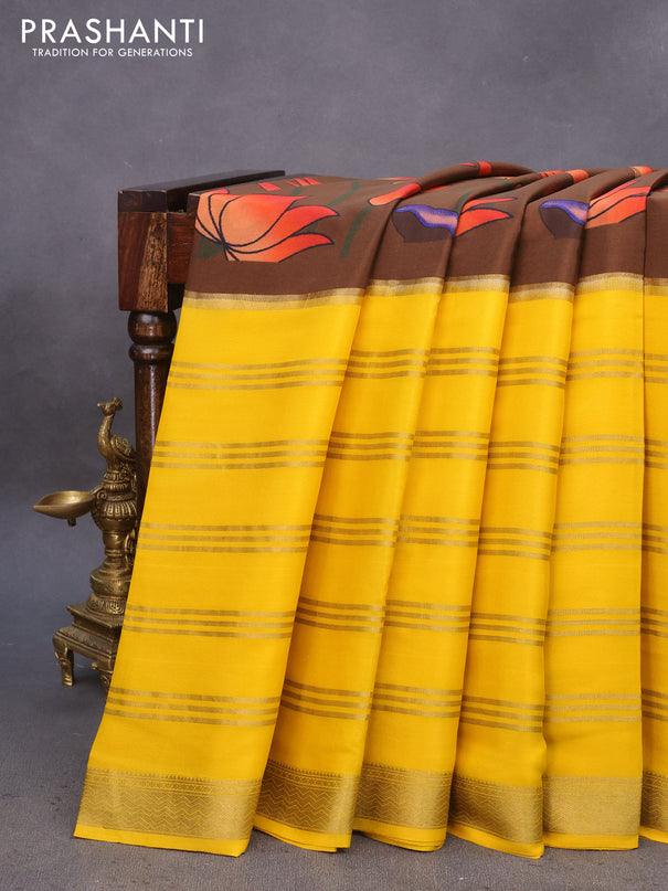 Pure mysore silk saree brown and yellow with allover pichwai prints and long zari woven border