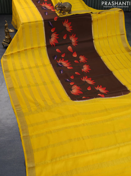 Pure mysore silk saree brown and yellow with allover pichwai prints and long zari woven border