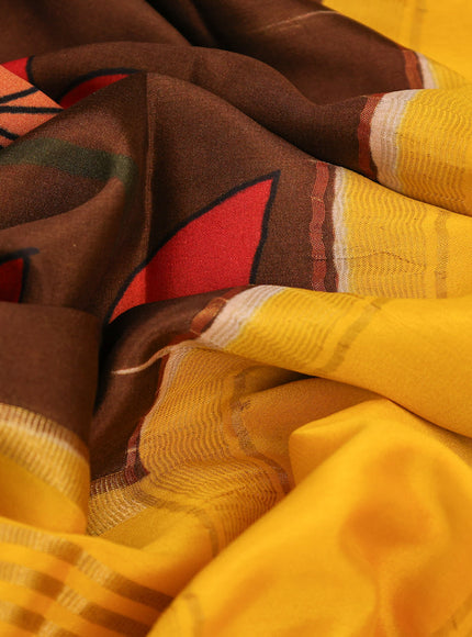 Pure mysore silk saree brown and yellow with allover pichwai prints and long zari woven border