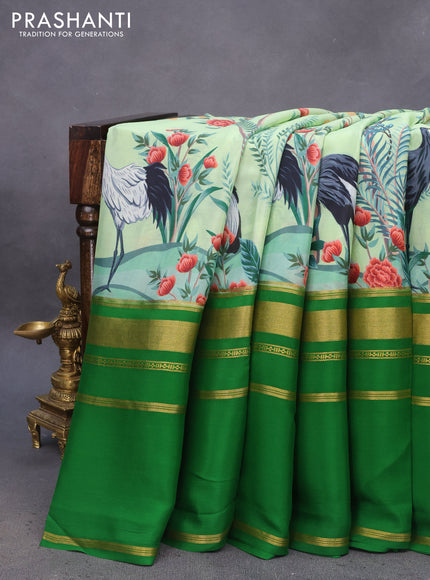 Pure mysore silk saree pista green and green with allover digital prints and long rettapet simple zari woven border