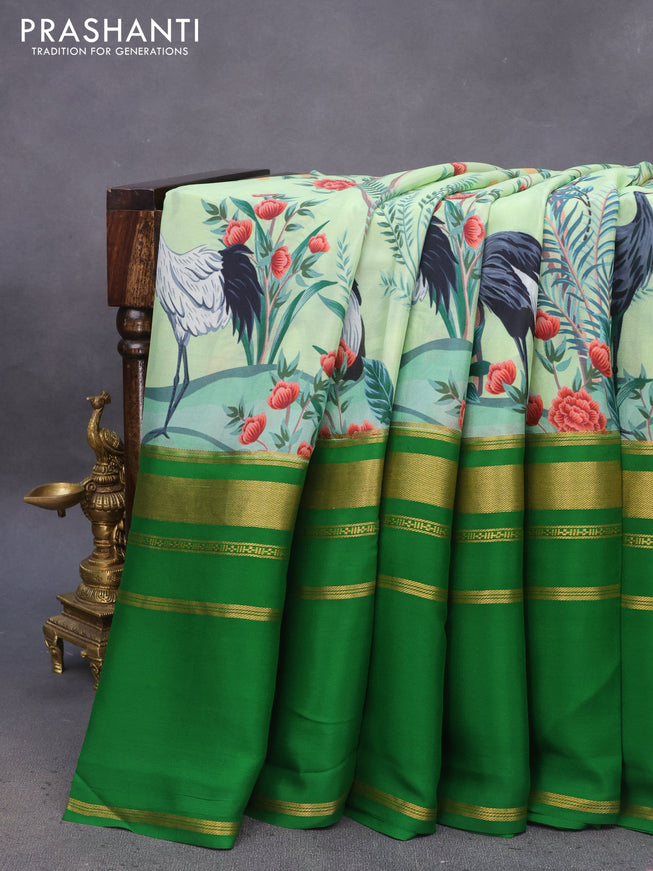 Pure mysore silk saree pista green and green with allover digital prints and long rettapet simple zari woven border