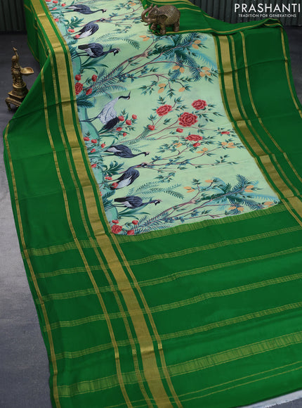 Pure mysore silk saree pista green and green with allover digital prints and long rettapet simple zari woven border