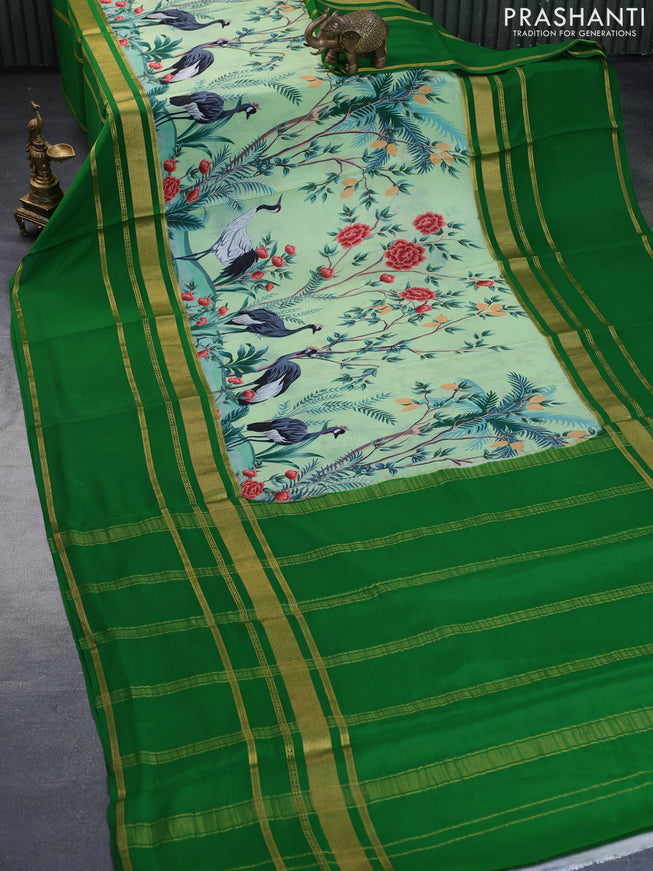 Pure mysore silk saree pista green and green with allover digital prints and long rettapet simple zari woven border